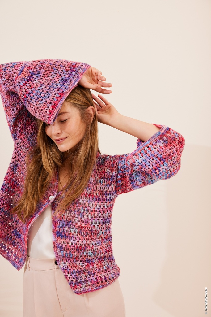 Gehaakte vest met trompetmouwen in Cotonella Multi | Lana Grossa