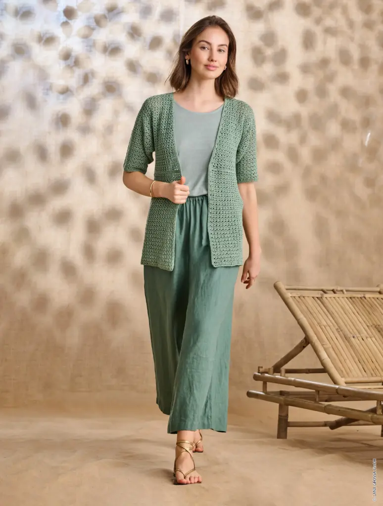 Gehaakte A-lijn vest met halflange mouwen en v-hals in Summer Cashmere | Lana Grossa