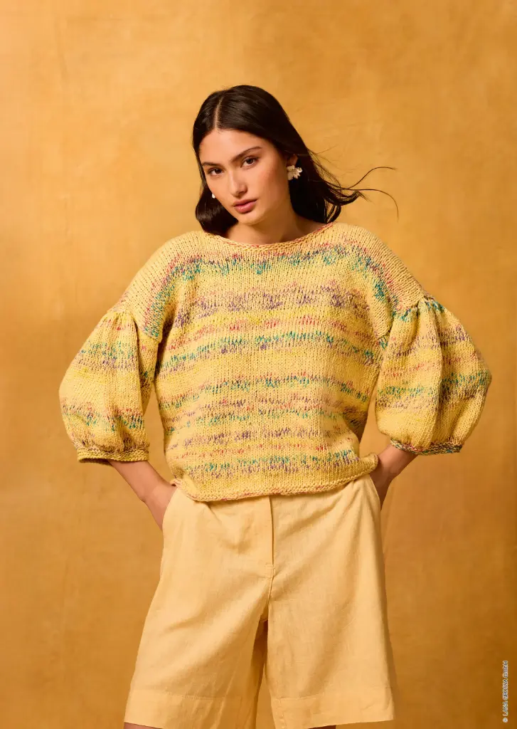 Top Down truitje met halflange pofmouwen in Gomitolo California & Cotonella | Lana Grossa