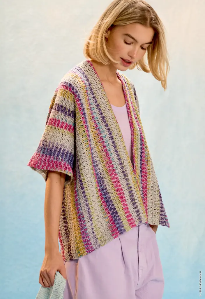 Dwars gehaakte kimono vest in Gomitolo California | Lana Grossa