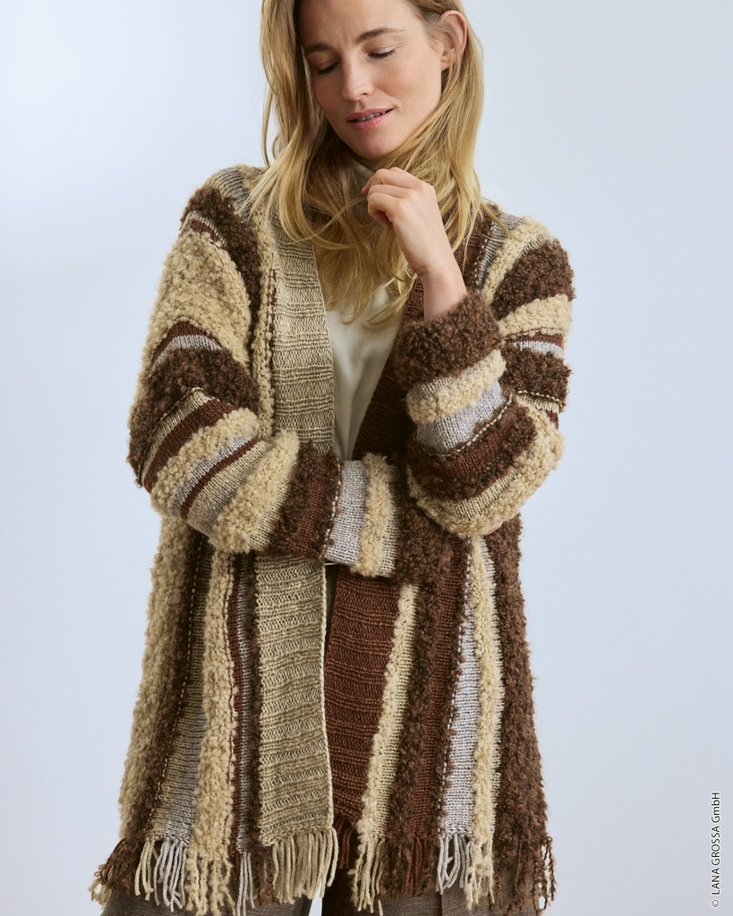 Dwarsgebreide vest met sjaalkraag in Orsetto Mouliné, Orsetto & Baco Bamboo | Lana Grossa